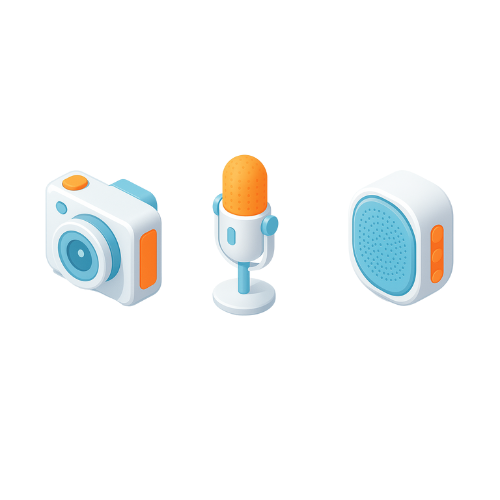 iconos categoria de audio e imagen, cámara, micro y altavoz isométricos