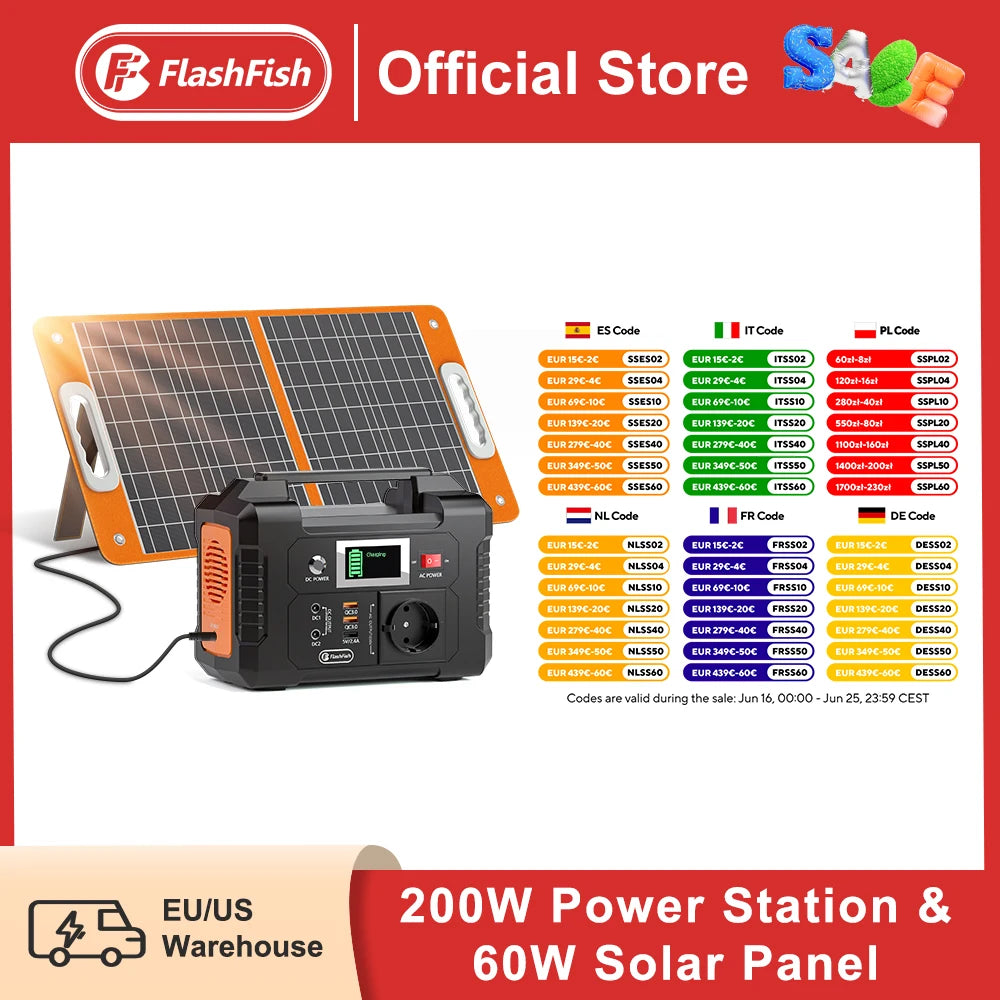 Estación de energía portátil FF Flashfish E200 con panel solar