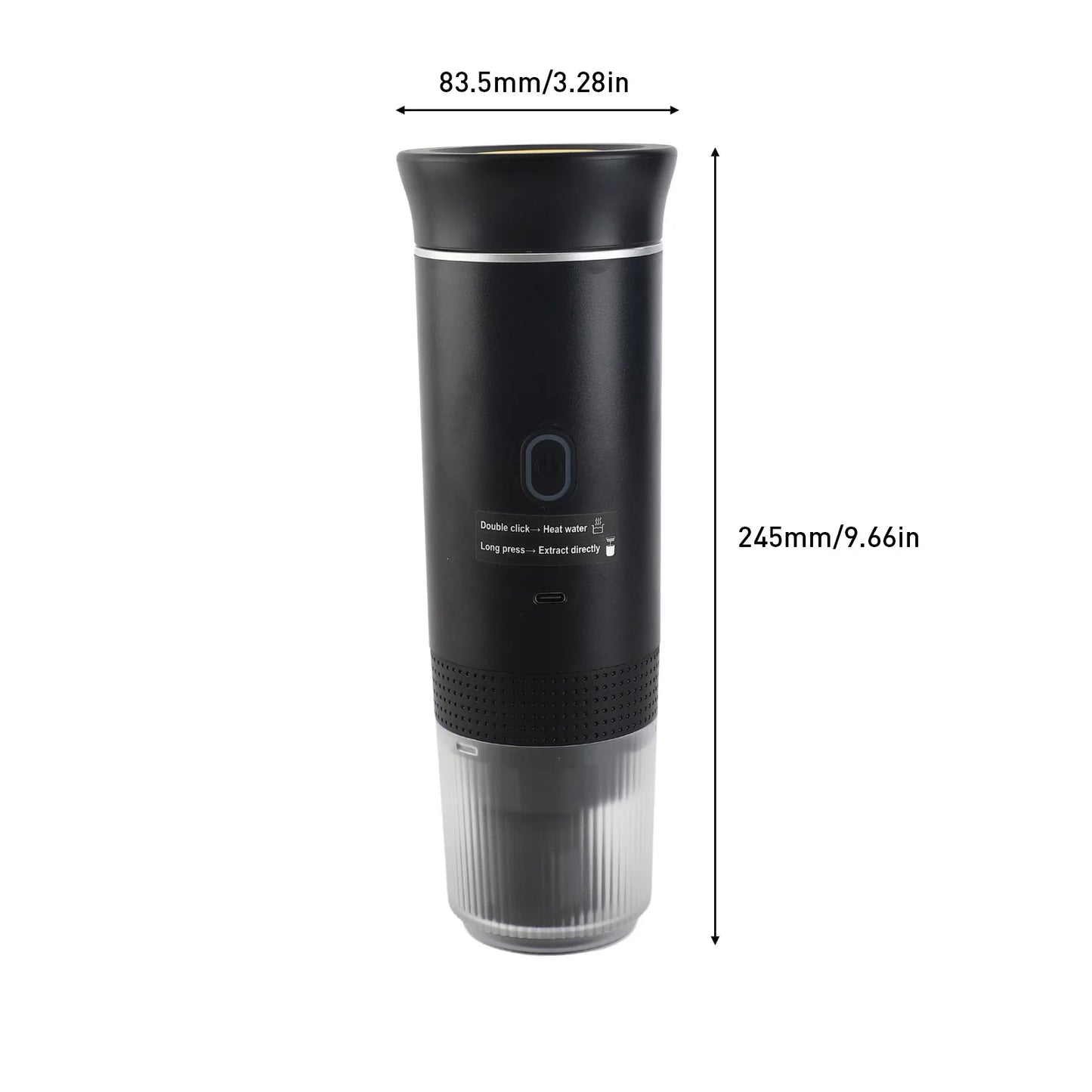 Cafetera Portatil 3 en 1 dimensiones 24'5cm x 8.3cm