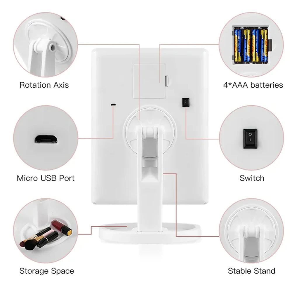 Espejo de maquillaje LED plegable panel trasero y conexiones