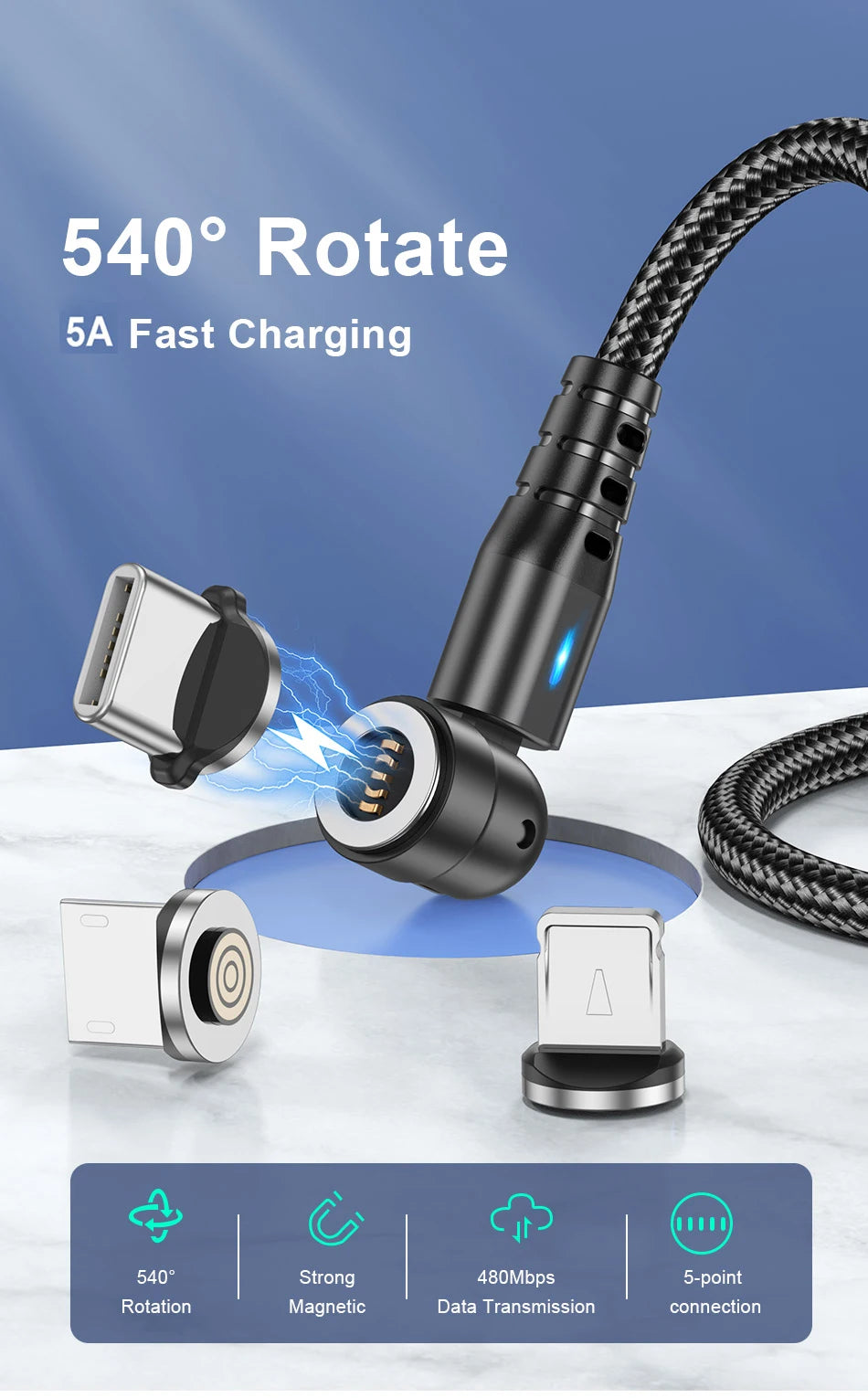 Cable magnético giratorio 5A 480 Mbps Datos