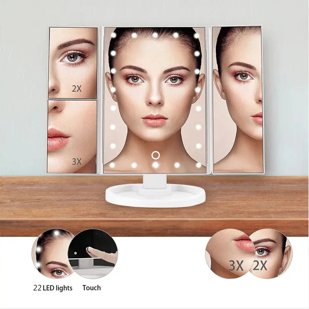 Espejo de maquillaje LED plegable 1X 2X 3X con luz regulable distintos aumentos
