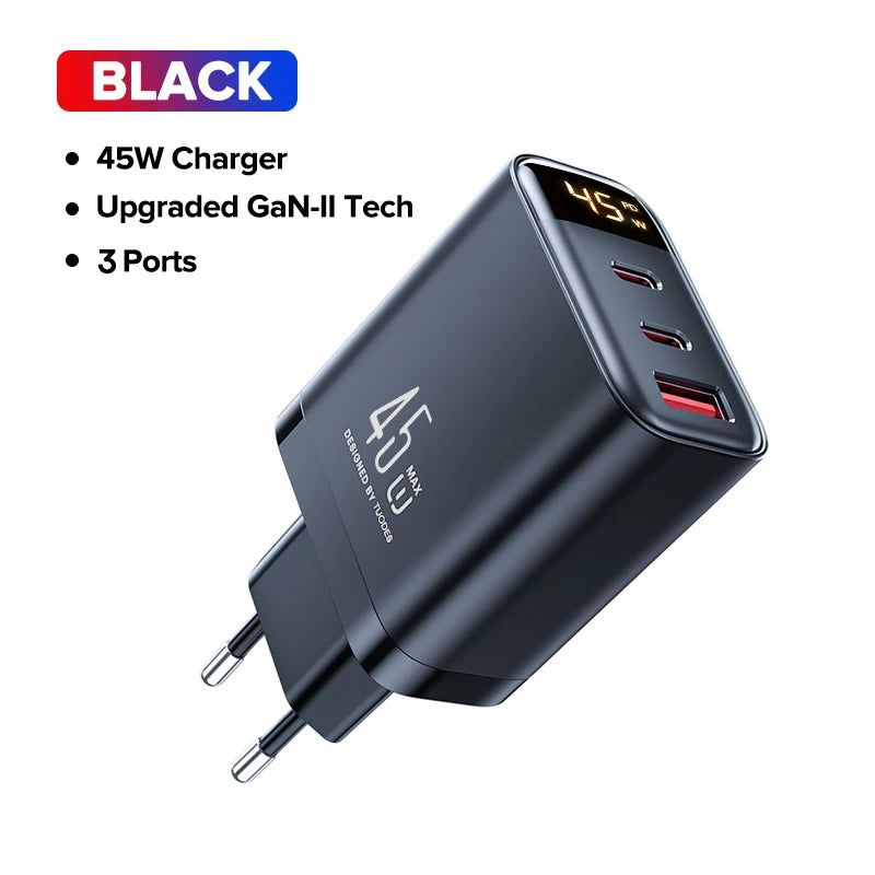 Cargador rápido 67W GaN con cable retráctil USB-C - Carga ultrarrápida