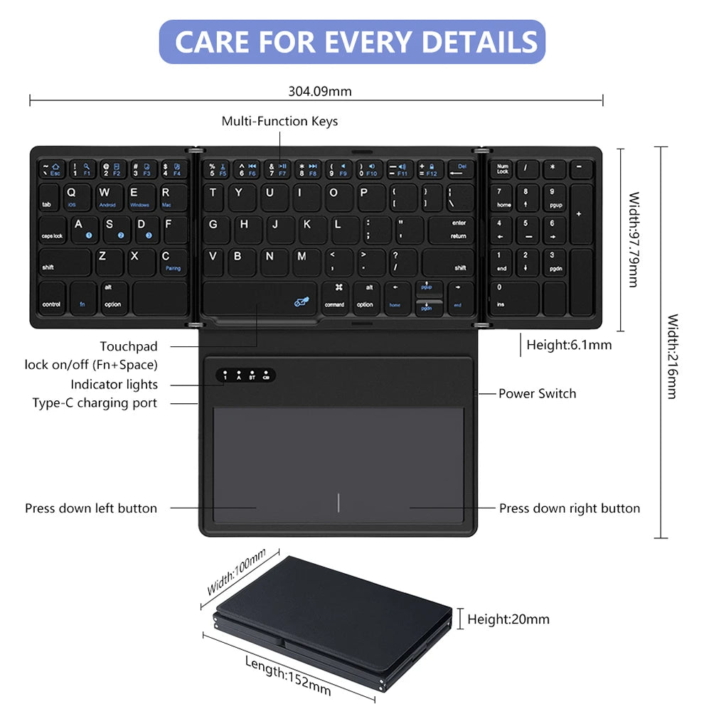 Teclado portátil Bluetooth Plegable - Touchpad